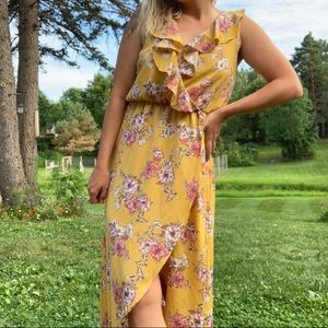 Nordstrom brand Bailey Blue yellow ruffle front split floral maxi dress